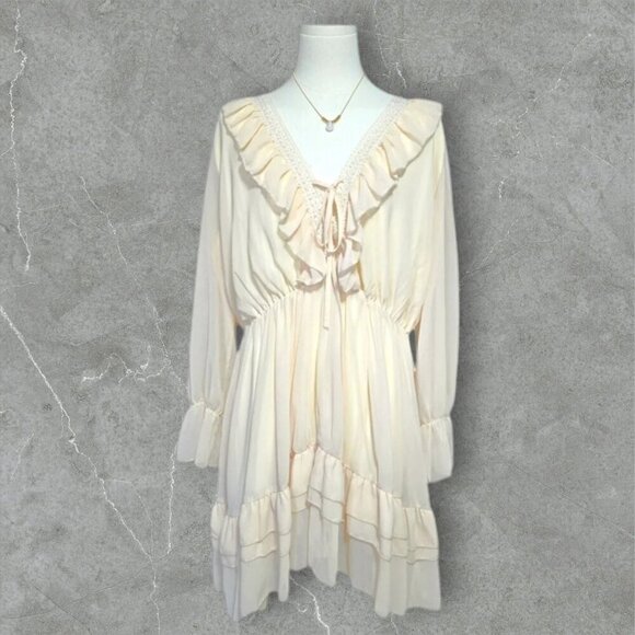 NKULTD Dresses & Skirts - 🆕️Flirty Ruffle Slip On Long Sleeve Mini Dress 🌸 Deep V-Neck Sexy Chic Beige